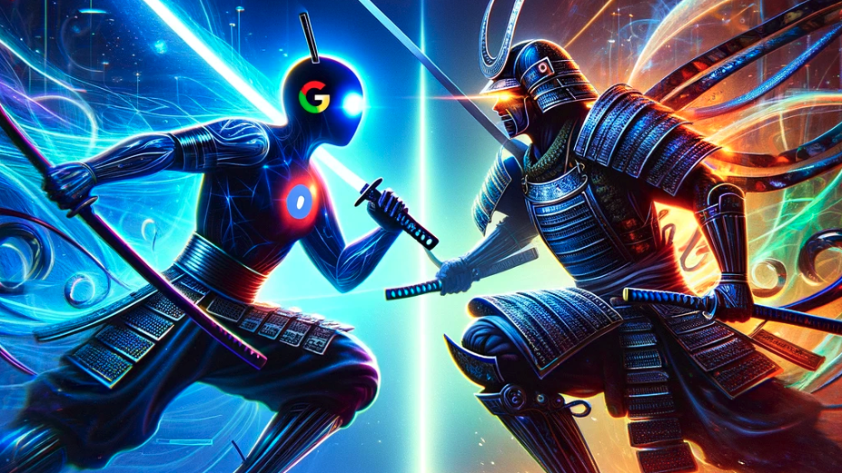 A dynamic and intense graphic depicting a samurai battle between an improved Apple Siri search engine and Google. Apple Siri is represented by a sleek, glowing samurai warrior with the Apple logo, wielding a katana made of holographic technology and advanced search algorithms. Google is represented by a powerful samurai figure with the Google colors and logo, wielding a katana made of data streams and search engine prowess. The background is a high-tech, digital battlefield with elements of cyberspace, glowing lines, and data grids. The scene is vibrant and energetic, highlighting the fierce competition between the two tech giants.